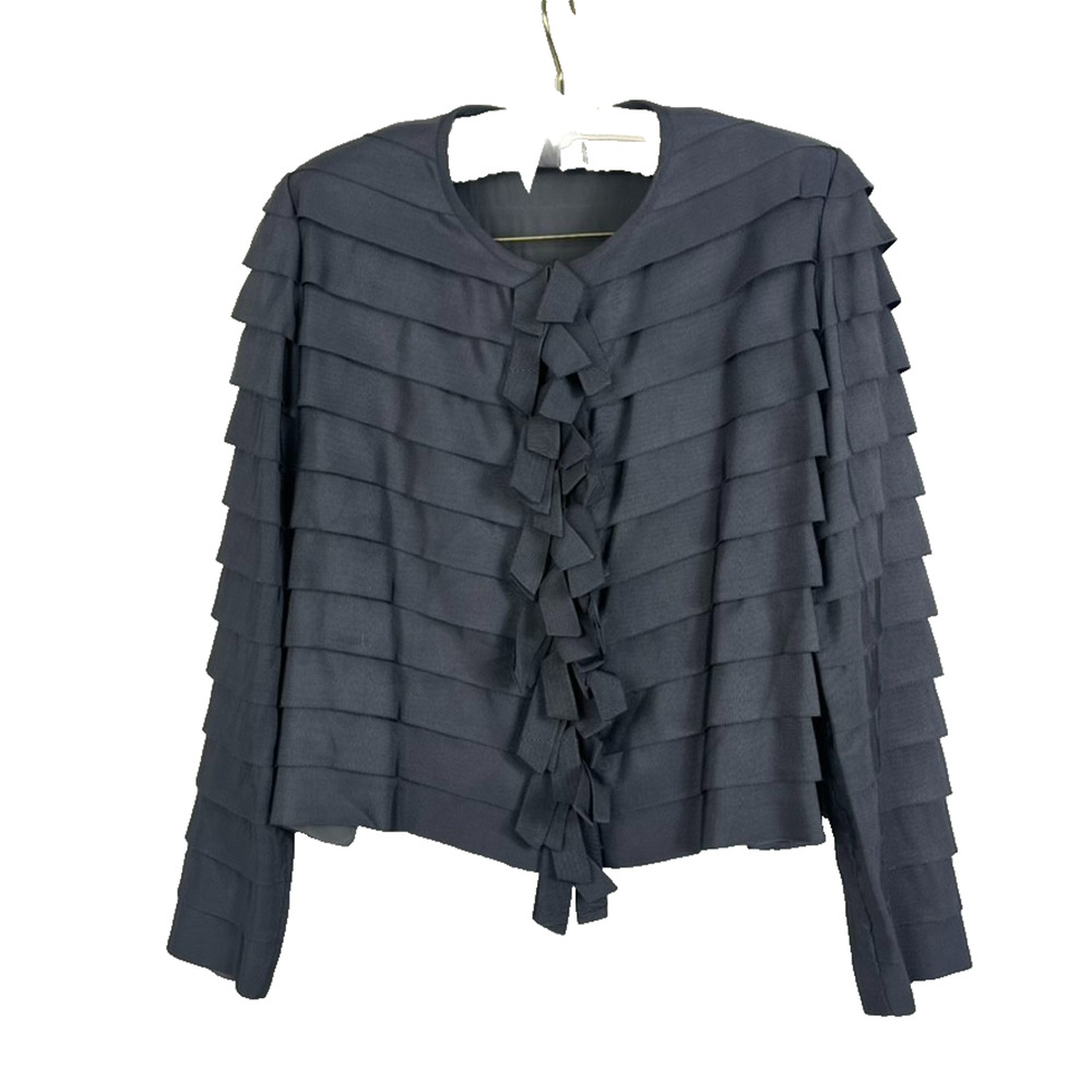 Darby Scott Grosgrain Jacket Women's Medium Gray Layered Ruffle Ribbon 100% Silk